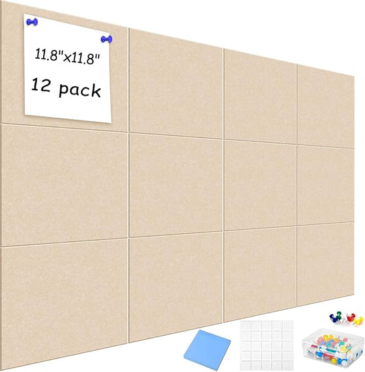 Large Cork Board Alternative for Walls, 47"x35" 12 Pack Felt Wall Tiles Bulletin Board with 30 Push Pins, Sticky Notes, Cork Boards for Office Pin Board Tack Board Felt Boards (Deep Camel)