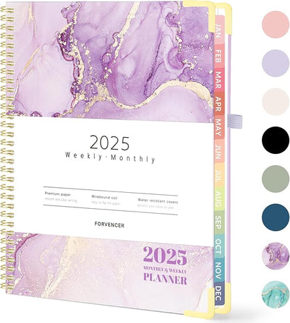 Forvencer 2025 Planner, Hardcover Weekly and Monthly Planner, January 2025 - December 2025, 8.5" x 11", Spiral Calendar Planner with Tabs, Exquisite Daily Organizer Notebook with Inner Pocket, Agenda Journal for Office Home School, A4 Size, Purple Marble