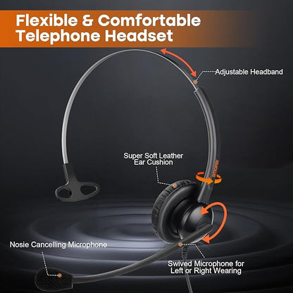 One Ear Wired Office Headset | Single Ear RJ9/RJ11 Call Center Telephone Headset | Noise-Cancelling Mic | Compatible with Landline/IP Phones - Yealink, Sangoma, Grandstream, Akuvox, Escene