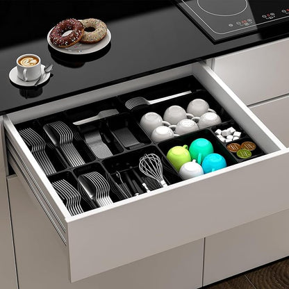 25 pc Plastic Drawer Organizer Set,4 Size Small Storage Containers for Organizing Jewelry,Utensil,Junk,Tea,Makeup,Shallow Drawer Organizers Tray Suitable for Office,Desk,Bathroom,Vanity,Kitchen,Black