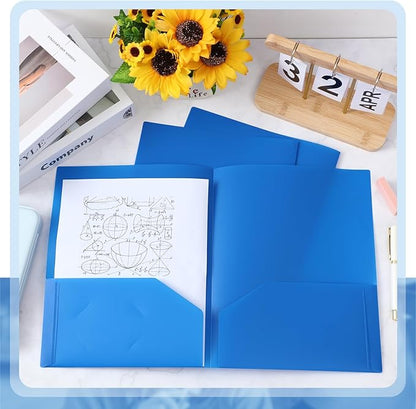 Gueevin 50 Pcs Plastic Folders with Pockets, Two Pocket Folder Fit Letter Size, Heavy Duty School Business Card Holder for Home Office School Bussiness, 11.61 x 9.45 Inches (Blue)