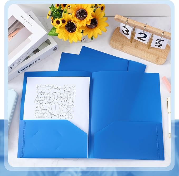 Gueevin 24 Pcs Plastic Folders with Pockets, Two Pocket Folder Fit Letter Size, Heavy Duty School Business Card Holder for Home Office School Bussiness, 11.61 x 9.45 Inches (Blue)