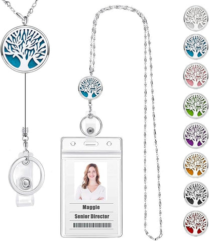 Retractable Lanyard for ID Badges Holder Badge Reels Retractable for Nurses Diffuser Necklace Lanyards for Women Silver Stainless Steel Chain Lanyard for Teacher Office Worker Tree of Life