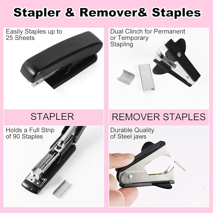 Black Desk Organizers and Accessories 10Pcs Set with 360-Degree Rotating Pen Holder, Tape Dispenser, Stapler, Staple Remover, 1000 Staples, Tape, Clips Set, Ruler, Scissor, Pen