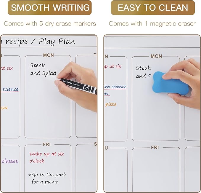 SELEAD Magnetic Glass Planning Board for Small Apartment - 18”x18” Dry Erase Whiteboard Weekly Planner Wall Calendar, Message Memo TODO Board for Home Kitchen, White&Gold