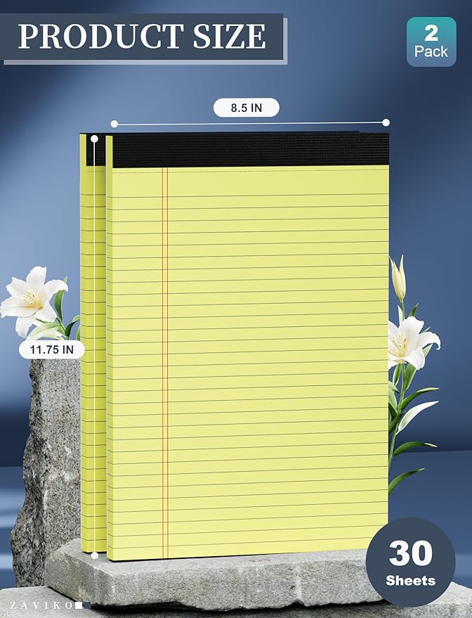 Legal Pad 8.5 x 11, Wide Ruled, 2 Pack, Yellow Legal Pad 8-1/2 x 11, Lined Paper Pads 8.5 x 11, Easy Tears Off, Cardboard Backing, Lined Writing Note Pad, Yellow 70 GSM Pads Of Paper, 30 Sheets/Pad