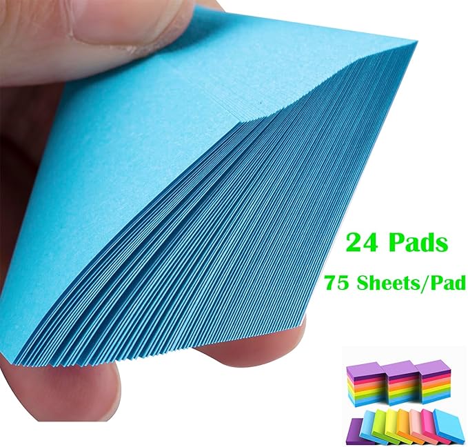 Sticky Notes 1.5x2 Inches, Bright Colors Self-Stick Pads, 24 Pack, 75 Sheets/Pad,1800 Sheets