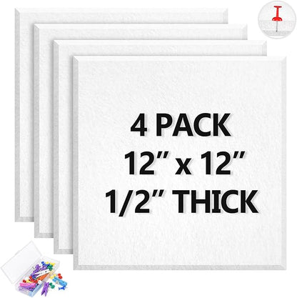 4 Pack Cork Board Tiles 12x12 Inches, 1/2" Thick Felt Cork Squares with 30 Push Pins, Bulletin Board Pin Board, Adhesive Cork Board for for Wall for Home, Office, and Kitchen (White)