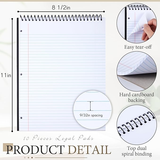 10 Pcs Legal Pads 3 Hole Punched Top Bound Spiral Notebook Tear Line for Easy Removal 8.5 x 11 in Hard Cardboard Paper College Ruled Notepad Spiral Note Pad for Office School (White)