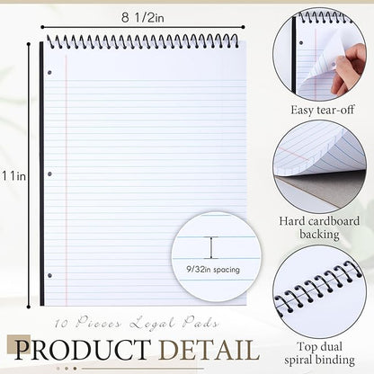 10 Pcs Legal Pads 3 Hole Punched Top Bound Spiral Notebook Tear Line for Easy Removal 8.5 x 11 in Hard Cardboard Paper College Ruled Notepad Spiral Note Pad for Office School (White)