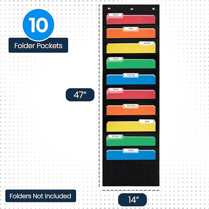 10 Pocket File Pocket Chart, Black, 14" Wide x 47" Tall - Versatile Wall Hanging File Folder Organizer for Classroom, Office, Home, and More - Wall Folder Organizer - 10 Pockets