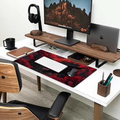 Huge Dragon Large Mouse Pad Red and Black Mousepad Red Desk Mat, Big Full Keyboard and Mouse Pad Cool Desk Pad for Keyboard Mouse with Stitched Edges Anti-Slip Funny Desk Pad, 31.5 X 15.8 in.