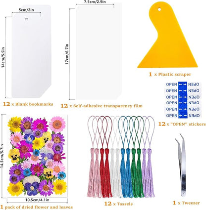 Cardstock Blank Bookmarks Set, 12 Pcs DIY White Craft Bookmarks for Pressed Flowers, Dried Flower Bookmark Making Kit with 43 Pcs Pressed Flowers, 12 Pcs Tassels, DIY Bookmarks for Dried Flowers