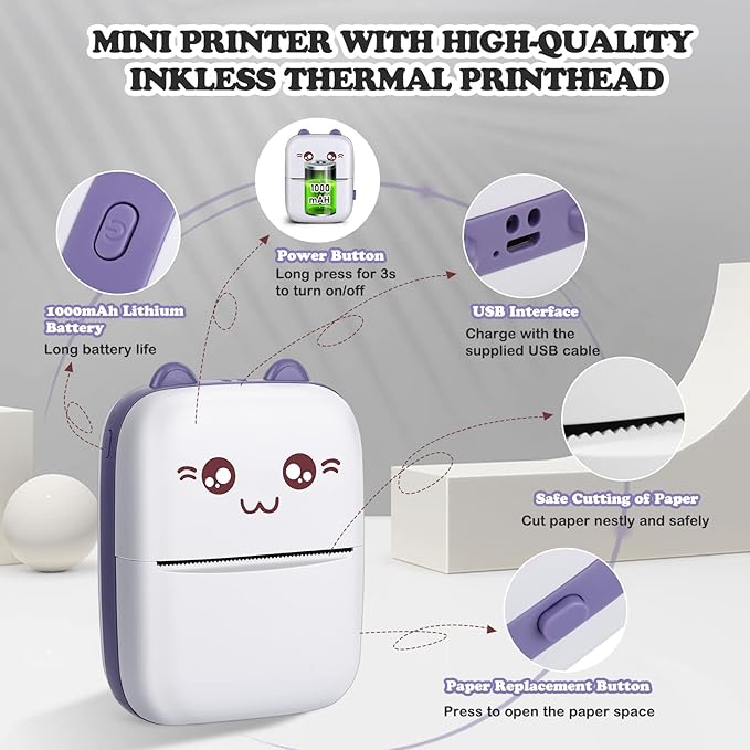 Mini Printer, Mini Printer with Stickers, Portable Inkless Thermal Printer with 10 Rolls Paper, Study Printer for Notes, Journal, DIY, Kids Gift, Compatible with Android & iOS