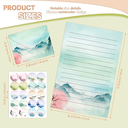 TaoBary 160 Packs Stationery Paper Set (50 Double Sided Stationery Writing Papers 50 Matching Envelopes) 60 Round Dot Sticker, 10 Design(Ink Painting,5.5 x 8.25 Inch)