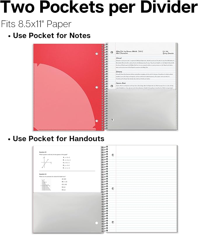 Dunwell 3 Subject Notebook College Ruled (Red), 150 Sheets (300 Pages), Spiral Notebook 8.5 x 11, Plastic Cover, 3 Pocket Divider Folders, 3-Hole Punched Perforated Paper