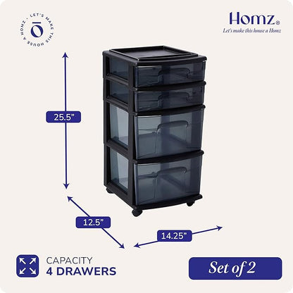 HOMZ 2-Pack 4-Drawer Plastic Storage Cart, Home & Office Organizer, Black-Clear