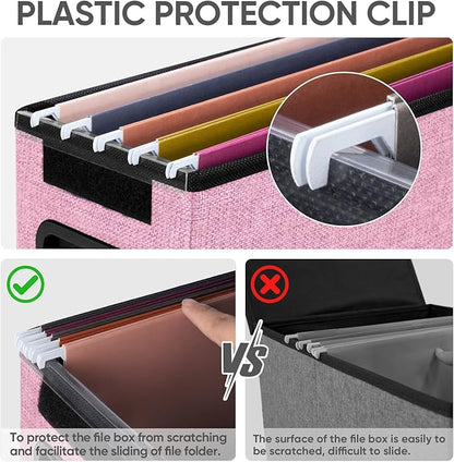 BALEINE File Organizer Box with Lid, Collapsible File Folder Organizer with Plastic Slide, Hanging File Folder Box for Office Document Storage (2 Pack, Pink, S)