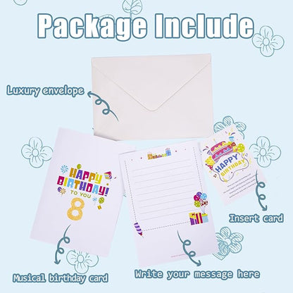 Gumry 8TH Musical Birthday PopUp Card, Blowable Colorful Light Candle 3D Cards with Song, Applause Cheers Sound, Greeting Cards Birthday Gifts Decorations for Daughter Son Turning 8 Years Old