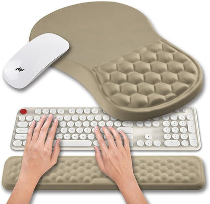 Hokafenle 2 in 1 Ergonomic Mouse Pad Wrist Support & Wrist Rest for Computer Keyboard Set, with Relieve Carpal Tunnel Pain Massage Bulge and Full Memory Gel Design (2In1 Set, Beige)