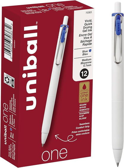 Uniball One Gel Pen, 12 Blue Pens, Medium Point 0.7 mm Gel Pens, Fine Point, Smooth Writing Pens, Home Office Supplies by Uni-ball, Colored Pens, Ink Pens, Ballpoint Pens, Bulk Pens for Journaling