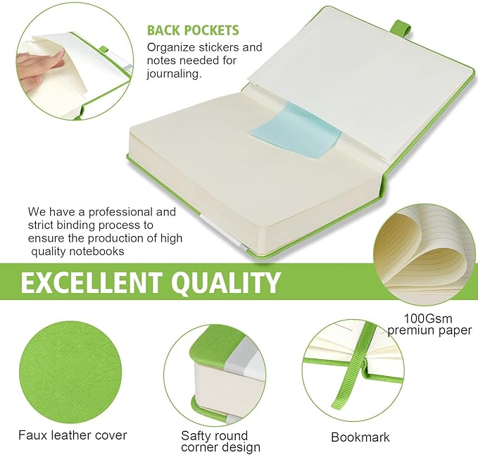 Lined Journal Notebook, 360 Numbered Pages(With page number), Thick Journal for Writing A5 College Ruled Notebook, 100gsm Lined Paper, Leather Hardcover, 5.75'' X 8.38''-1 Pack, Grass Green