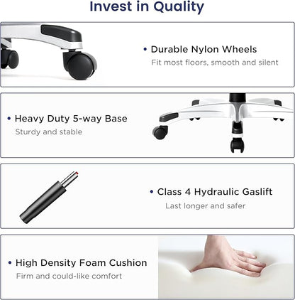 Nouhaus Ergonomic Office Chair Premium Microfiber Leather Adjustable Lumbar Support & Armrests, High Back Comfy Desk Gaming Chairs Executive Computer Swivel Chair Tilt Function(Posture,White)