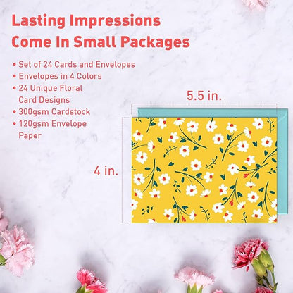S&O Floral Note Cards and Envelopes Set of 24 - Blank sheets for Handwritten Messages - Floral All Occasion flyers Assortment Box with covers - Mix & Match Vibrant Notecards and decor Envelopes Set