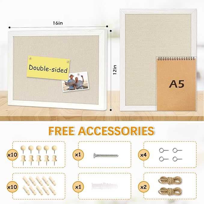 DOLLAR BOSS Bulletin Boards with Linen 1-Pack 16''X 12'' Double-Sided Cork Board for Walls Wood Framed Bulletin Boards, Small Pin Board for Home Kitchen Office Decorative Hanging 10 Pushpins