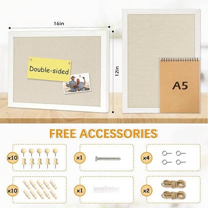 DOLLAR BOSS Bulletin Boards with Linen 1-Pack 16''X 12'' Double-Sided Cork Board for Walls Wood Framed Bulletin Boards, Small Pin Board for Home Kitchen Office Decorative Hanging 10 Pushpins