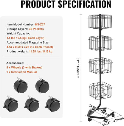VEVOR Brochure Display Rack, 4-Tier 32 Pockets Rotating Magazine Literature Display Stand for Postcards, 360° Spinning Greeting Cards Rack with 5 Wheels (2 Lockable) for Shop Exhibitions Office