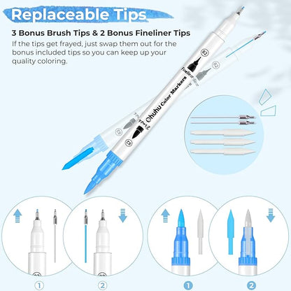 Ohuhu Markers for Adult Coloring Books No Bleeding 60 Colors Coloring Markers Water-based Dual Tips Fineliner & Brush Drawing Pens Art Markers for Kids Adults Sketch Journal - Maui - White