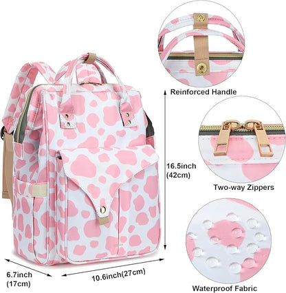 Cow Print Laptop Backpack College School Backpack Bookbags Nurse Backpacks Travel Bags for Women Girls Fits 15.6 Inch Notebook (Pink)