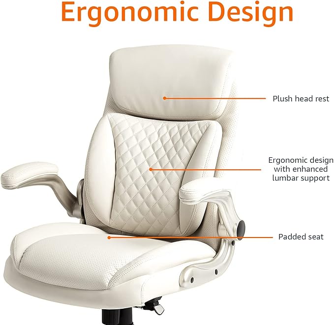 Amazon Basics Ergonomic Desk Office Chair, Flip-up Armrests, Adjustable Height, Cream Leather