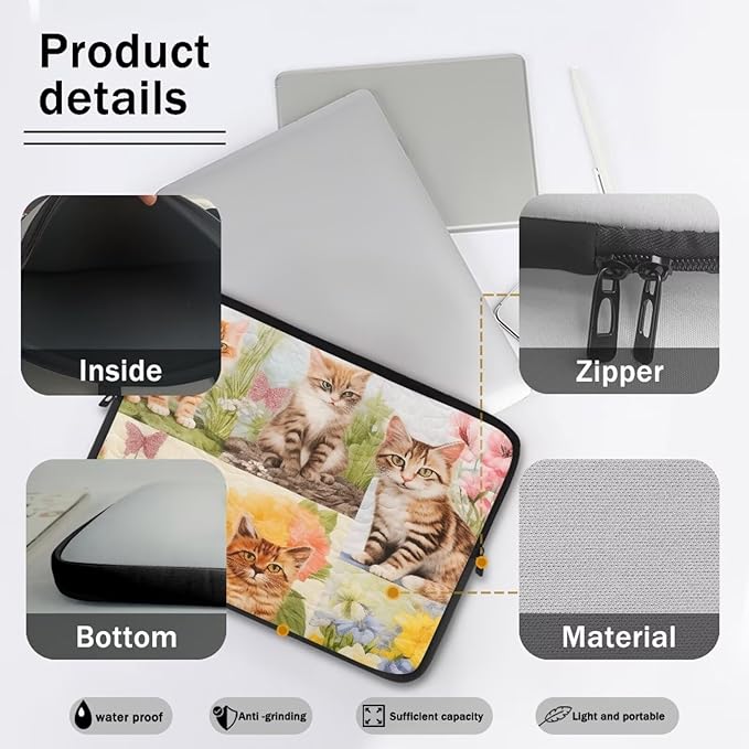 Cat Floral Printed Computer Case Bag for Girls Boys, Washable 10 Inch Laptop Bag Carrying Case Cute Laptop Briefcase Neoprene with Zipper, Compatible with Various Computers