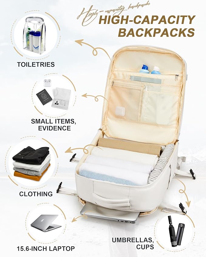 Large Travel Carry on Laptop Backpack for Women Men, Expandable Flight Approved Backpack, Waterproof Sports College bag Casual Daypack for Weekender Business Hiking with Beige