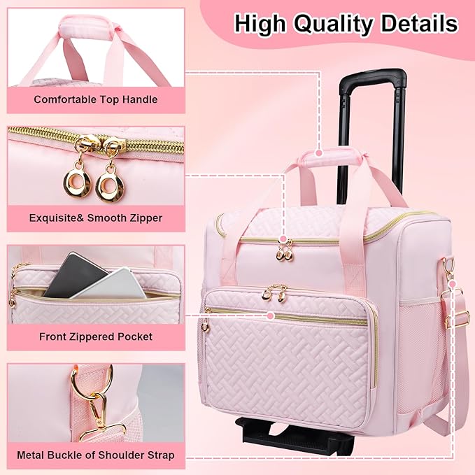 Rolling Teacher Tote Bag with Detachable Trolley, Wheeled Teacher Bag with 15 Inch Laptop Compartment, Soft Nylon Multifunctional Tote Bag with Wheels for Teaching& Office Supplies (Pink)