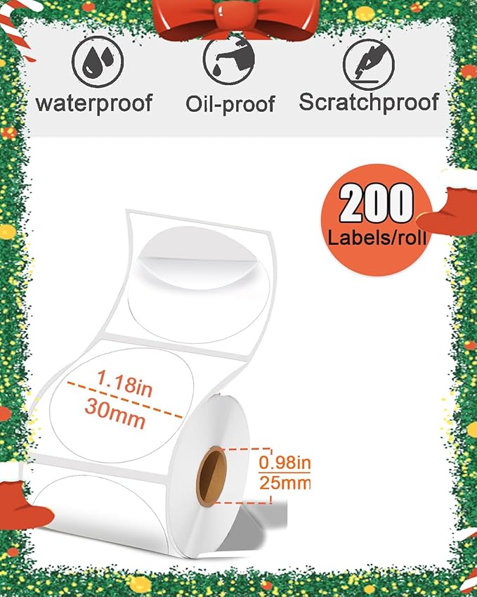 1.18×1.18 Round Thermal Labels, Round Thermal Sticker Labels for Business and Home, Thermal Printer Labels for DIY Logo Design, Thanks Card, 200 Labels for Printer 30mmx 30mm