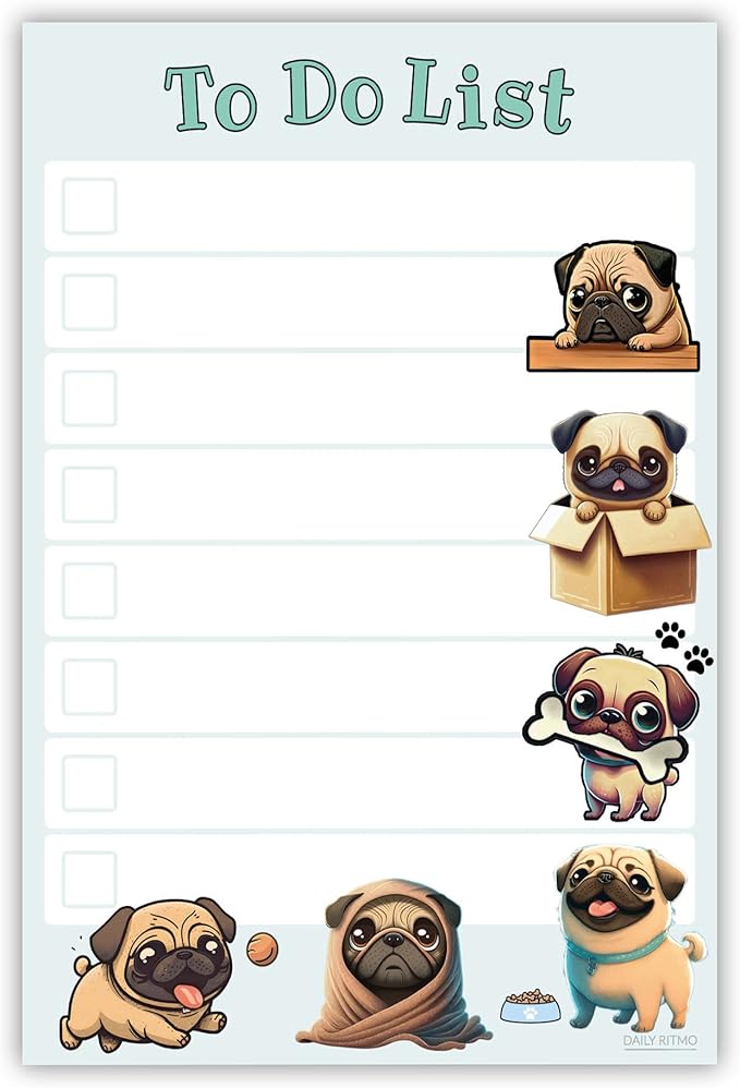 Kawaii Pug Puppies Sticky to Do List Notepad - Dog Sticky Notes Stationary School Office Supplies for Girls and Pug Mom | Pug Gifts for Pug Lovers | 4" x 6" 50 Pages