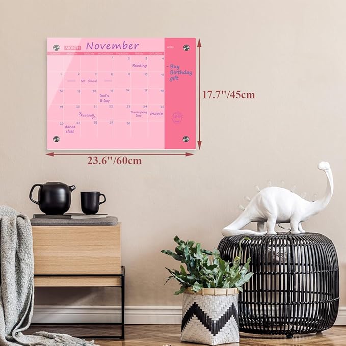 Glass Dry Erase Whiteboard, Pink Glass Monthly Calendar Whiteboard, 18" x 24",Frameless Glass White Board for Home, School, Office, Pink Surface(GlassA-PK-4560)