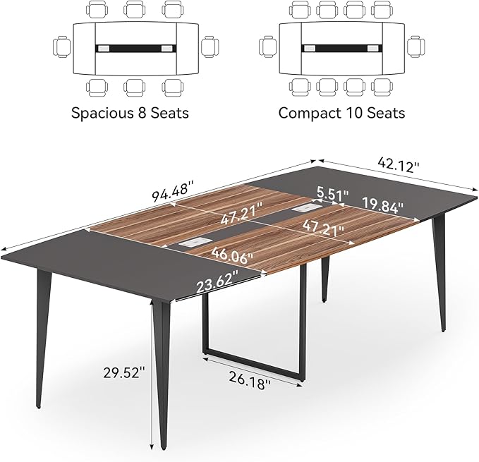 LITTLE TREE 8FT Conference Room Table, 94.48L x 47.21W x 29.52H Boat Shaped Meeting Table, Dark Walnut
