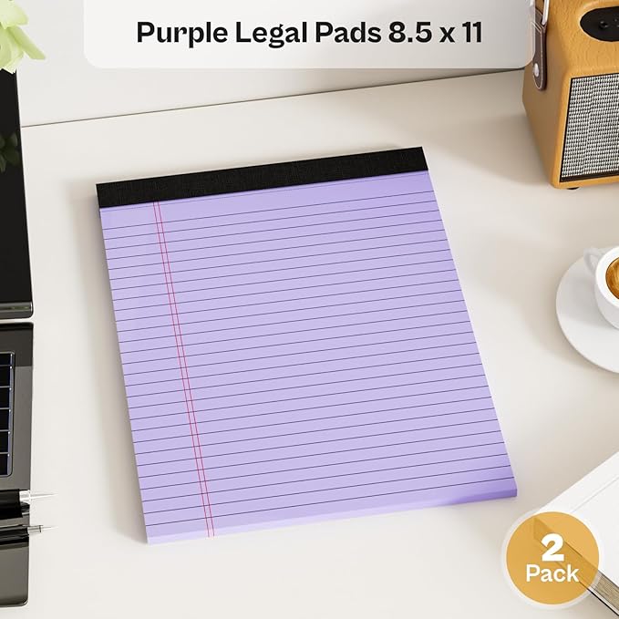 2 Pack Legal Pads 8.5 x 11 Purple Note Pads 8.5 x 11 Notepad 8.5 x 11 Micro Perforated Writing Pads 8.5 x 11 Lined Paper Pads Wide Ruled Pad of Paper 30 Sheets Notebook for Study, To-Do Lists, Office