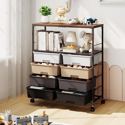 8 Drawers Rolling Storage Cart with Wooden Top, Multipurpose Utility Cart with Opening Shelf & Lockable Wheels, Storage Drawer Cart Organizer for Home Office Craft Room Classroom, Brown