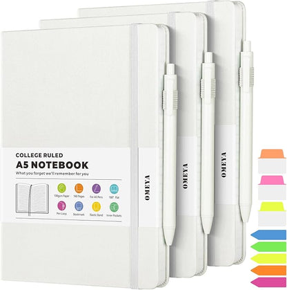 Lined Journal Notebook, 3 Pack A5 College Ruled Notebooks for Work, Hardcover Notebook Each with 2 Pockets & Pen, Leather Journal for Women, Men, 160 Pages, 100GSM Thick Paper ( White 5.7" x 8.3" )