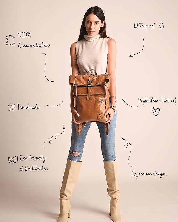 Genuine Leather Backpack for Women, Roll Top Backpack, Laptop Bookbag, Roll On Vintage Rucksack for College, Work & Travel, Brown, Medium - 15.3 Inch