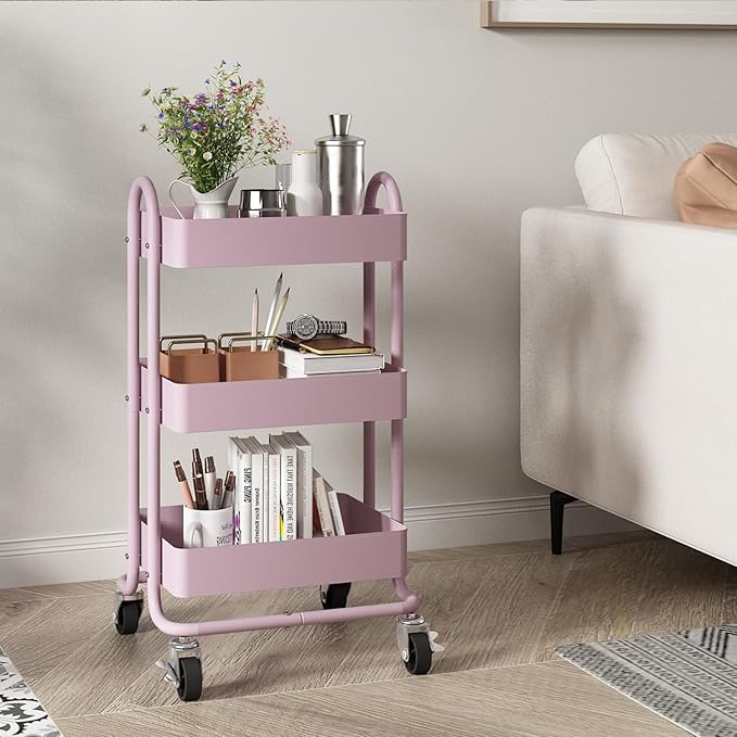3-Tier Pink Utility Rolling Cart,Kitchen Storage Carts with Wheels,Pink Metal Rolling Cart for Office,Home,Kitchen,Garden（13.4"x18.1"x31"） Pink