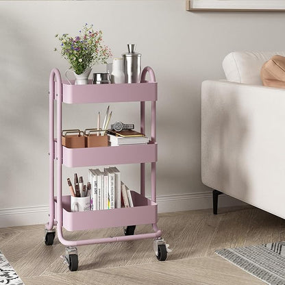 3-Tier Pink Utility Rolling Cart,Kitchen Storage Carts with Wheels,Pink Metal Rolling Cart for Office,Home,Kitchen,Garden（13.4"x18.1"x31"） Pink