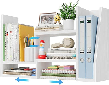 Desktop File Organizer Desk Organizer Shelf - White Office Organization Shelves for Top of Desk Organizers and Accessories Corner Bookshelf Table Top Shelving Small Hutch Decorations for Women Office
