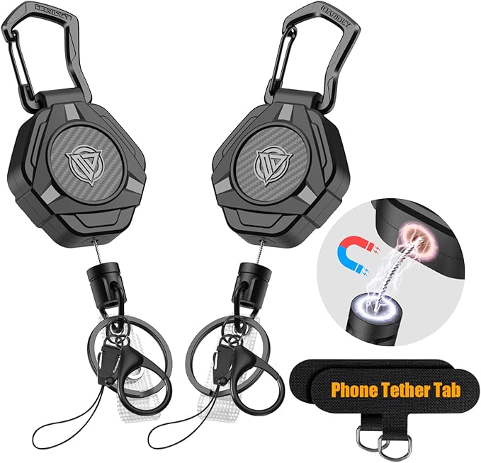 Oaridey Magnetic Retractable Keychain, Heavy Duty Carabiner Badge Holder with Phone Tether Tabs, Tactical ID Badge Reel with 31.8'' Coated Steel Cord and Lobster Clasp, Bearing 10.0 oz - 2 Pack