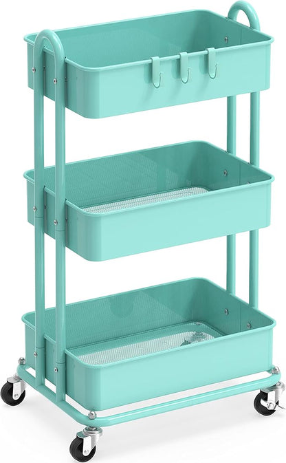 Simple Houseware Heavy Duty 3-Tier Metal Utility Rolling Cart, Turquoise